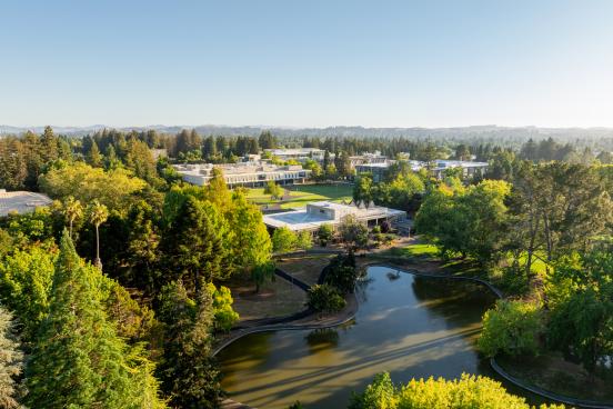 Aerial view of the lakes and campus