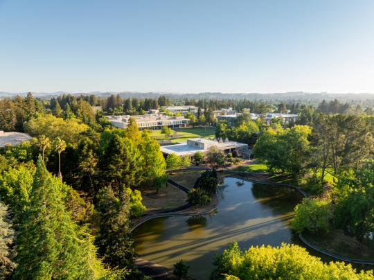Aerial view of the lakes and campus